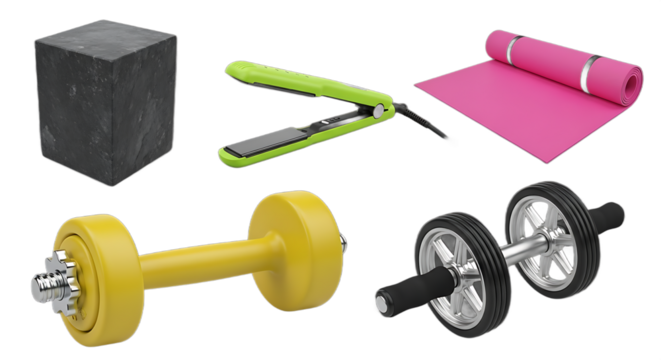 A collection of fitness equipment including a black weighted cube a green hair straightener a pink yoga mat a yellow dumbbell and a black and silver ab roller on a transparent background