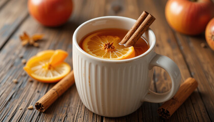 Warm and inviting, this cozy beverage features cup filled with spiced tea, garnished with slice of orange and cinnamon sticks. Perfect for chilly days, it evokes comfort and relaxation