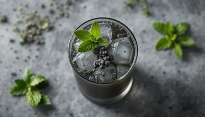 Refreshing beverage garnished with mint leaves and served over ice, showcasing blend of textures and colors. drink is complemented by dark, coarse salt and scattered mint leaves, creating inviting