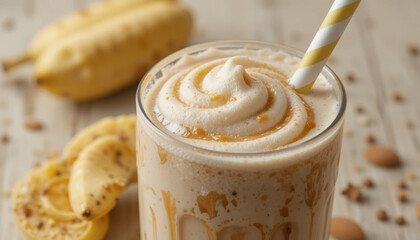Creamy banana smoothie topped with whipped cream and caramel drizzle, surrounded by fresh bananas and almonds, evokes delightful and refreshing experience