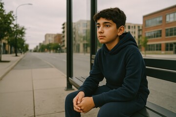 middle eastern boy sitting alone at bus stop wearing hoodie and joggers looking away back to school concept of education city waiting transport