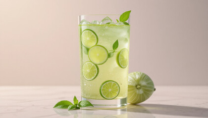 Refreshing lime beverage with slices of lime and fresh mint leaves, served in tall glass filled with ice. drink is garnished with mint, creating vibrant and inviting appearance