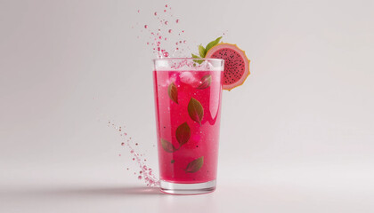 Refreshing pink beverage with mint leaves and slice of fruit, splashing in glass. vibrant color and dynamic movement evoke sense of summer enjoyment and relaxation