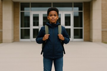 black boy standing in front of school entrance with backpack gazing confidently wide space back to school concept of education confidence children