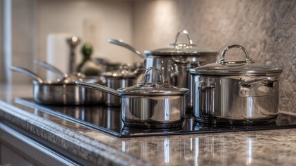 A modern kitchen countertop with a set of stainless steel pots and pans neatly arranged, showcasing their polished finish and versatile cooking capabilities.