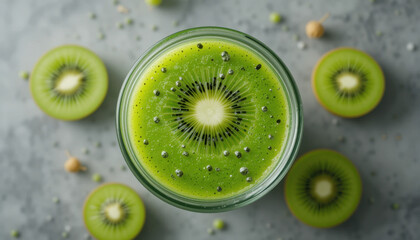 Fresh kiwi smoothie in glass showcases vibrant green color and texture, surrounded by sliced kiwis and seeds, evoking refreshing and healthy vibe