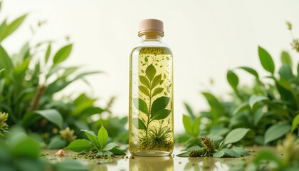 Clear bottle filled with infused herbal water showcases vibrant green leaves and plants suspended within. natural setting, surrounded by lush greenery, evokes sense of freshness and tranquility