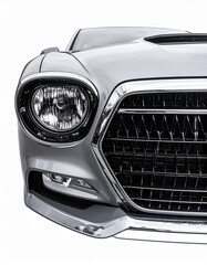 Close-up of a sleek silver car front, showcasing its dynamic design and modern features.