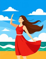 Serene Beauty in Nature: Elegant Woman in Flowing Red Dress
