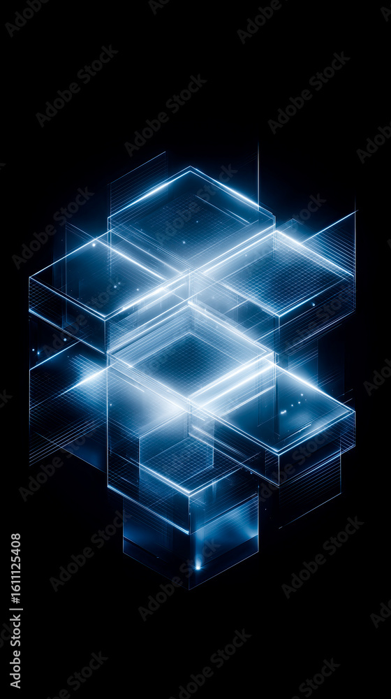Poster isometric abstract 3d cube cluster, layered squares forming a node-like structure, minimal futuristi