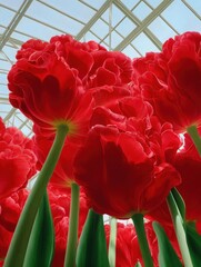 Close-up of a group of red tulips in a greenhouse. the tulips are in full bloom, with their petals open wide and their vibrant red color standing out against the blue sky in the background.