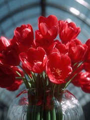 Close-up of a vase filled with red tulips. the tulips are in full bloom and are arranged in a way that they are overlapping each other. the vase is made of clear glass and has a round base.