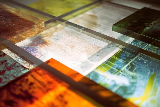 Bright, colorful acetate sheets stacked to form a stylish, transparent abstract artwork.