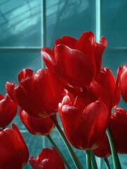 Close-up of a group of red tulips. the tulips are in full bloom, with their petals open wide and their stems visible. the petals are a deep, vibrant red color and have a glossy texture.