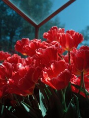 Close-up of a bunch of red tulips. the tulips are in full bloom, with their petals open wide and their vibrant red color standing out against the blue sky.