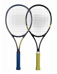 Two tennis rackets with vibrant colors, showcasing their unique grips and strings for sports enthusiasts and athletes.