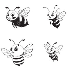 Cute Cartoon Bee Characters Collection - Adorable Black and White Flying Bees Set - Childish Honeybee Illustrations for Kids Design, Nature, Summer, and Insect Themes