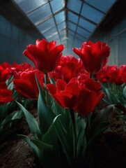 Group of red tulips in a greenhouse. the tulips are in full bloom, with their petals open wide and their vibrant red color standing out against the dark soil.