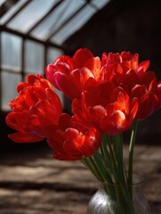 Close-up of a bunch of red tulips in a glass vase. the tulips are in full bloom and their petals are a vibrant red color with hints of orange and yellow.
