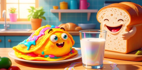 Happy anthropomorphic omelette, bread and milk having breakfast in colorful kitchen