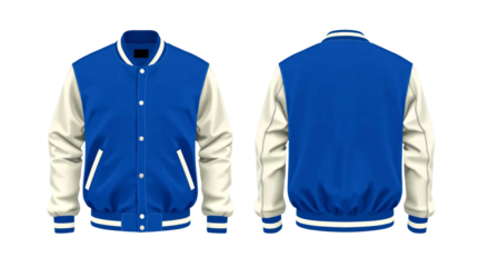 Blue baseball bomber varsity jacket in front and back view, mockup isolated on transparent background