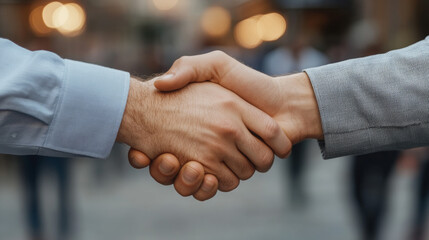 Close-up of two professionals shaking hands in urban setting  