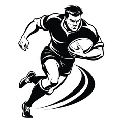 Dynamic Rugby Player in Action Black and White Vector Illustration of Power and Determination