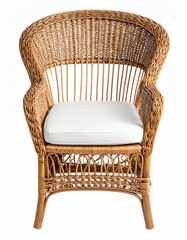 A stylish wicker chair with a soft white cushion, perfect for cozy corners or outdoor settings, enhancing comfort and aesthetics.