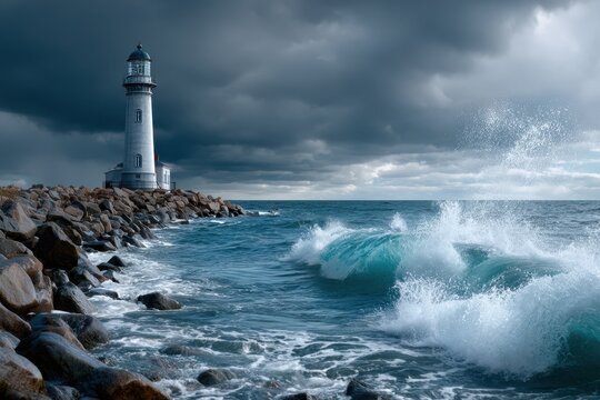 Dramatic waves crashing against lighthouse during stormy weather at coastal shore