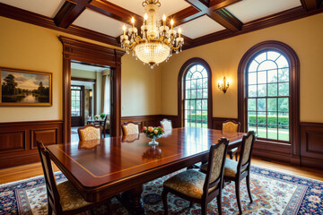 An elegant dining room features a large wooden table surrounded by chairs, illuminated by a grand chandelier and showcasing arched windows overlooking a lush garden.