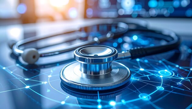 Digital Health Innovation: Stethoscope on Futuristic Technology Interface - Powered by Adobe