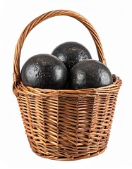 A rustic wicker basket filled with shiny black avocados, showcasing fresh produce for healthy eating and culinary inspiration.