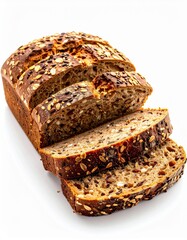 Freshly baked whole grain bread, sliced and ready to serve, showcasing a crispy crust and soft interior with visible healthy grains.