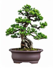 A beautifully shaped bonsai tree in a decorative pot, showcasing intricate foliage and an age-old tradition of miniature gardening.