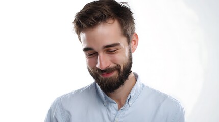 Prompt A man with a bashful smile, looking down shyly, faint blush on his cheeks, white background.