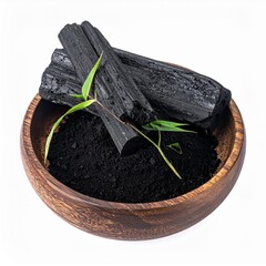 Bowl with charcoal and bamboo leaves, highlighting natural ingredients for health and wellness applications.