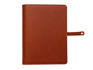 Brown leather journal with pen loop isolated on transparent background