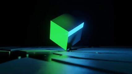 Glowing abstract cube emitting light in a dark room, symbolizing technology, futuristic design, and digital innovation. - Powered by Adobe