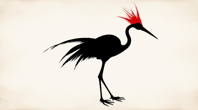 Generative AI Stylized Crane Silhouette with Red Crest Bird Black Animal Avian Illustration Vector Isolated Watercolor Painting Texture Minimalist Elegance Beauty Nature