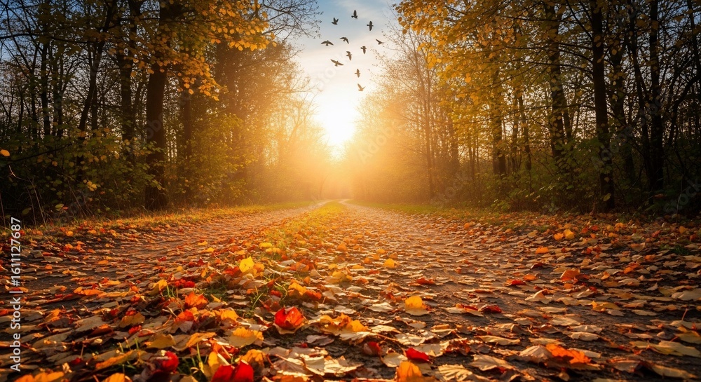 Aufkleber autumn path with golden light and birds in flight creating a magical scene