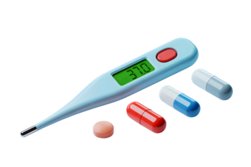 Digital Thermometer Displaying Normal Body Temperature with Pills and Capsules on Transparent Background