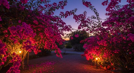 Beautiful Bougainvillea Flowers Illuminated at Dusk