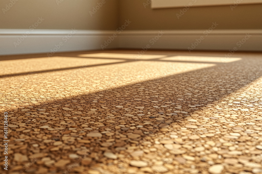 Poster sunlight streams across a textured cork floor, casting long shadows and highlighting the materials n