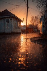 A rainy street scene at sunset. Water droplets create reflections on the pavement. A small house is visible in the background, surrounded by trees.