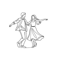 A continuous line drawing of a couple dancing together in a joyful manner