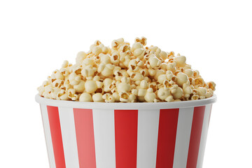 Bucket of Freshly Popped Popcorn with Red and White Stripes on transparent background bucket overflowing freshly popped popcorn featuring classic red white striped design