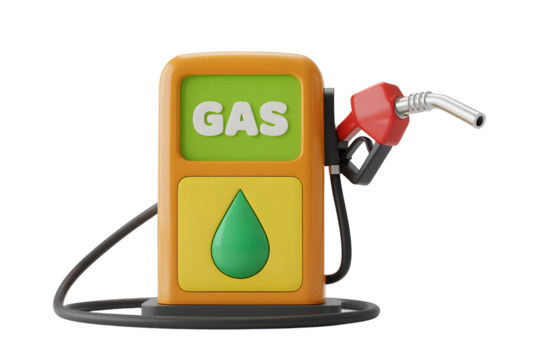 Cartoon Gas Station Pump with Red Nozzle and Green Fuel Drop on Transparent Background