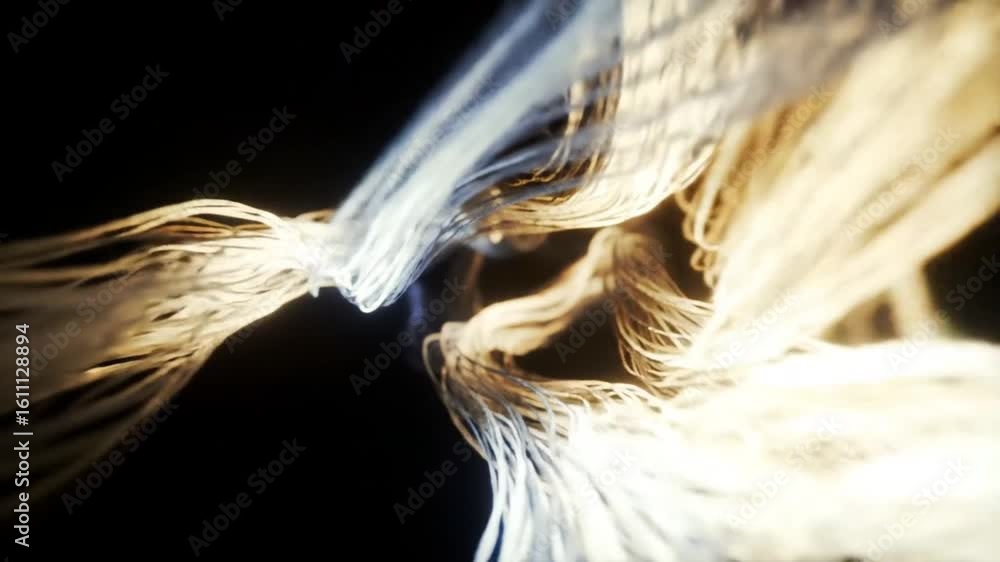 Poster abstract rendering of swirling, luminous strands in shades of white and gold against a dark backgrou