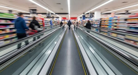 An empty moving walkway leading through a busy supermarket with blurred shoppers and shelves.