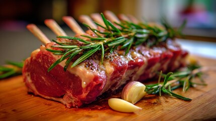 A raw lamb rack displayed on a wooden board, garnished with sprigs of rosemary and garlic, highlighting the freshness and quality of the meat.